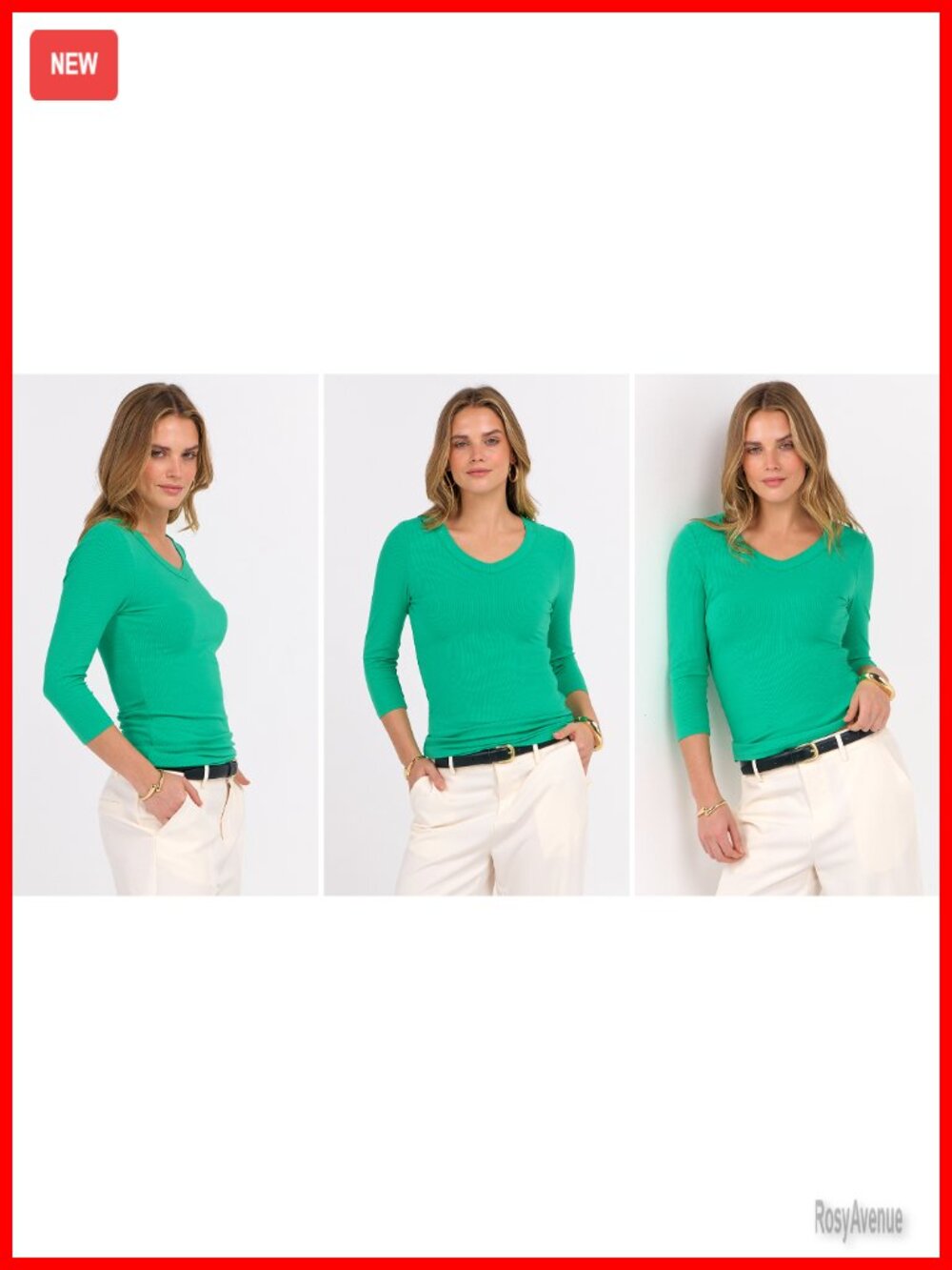 Women's Ribbed Knit V-Neck 3/4 Sleeve Slim Fit T-Shirt - Picture 7 of 7